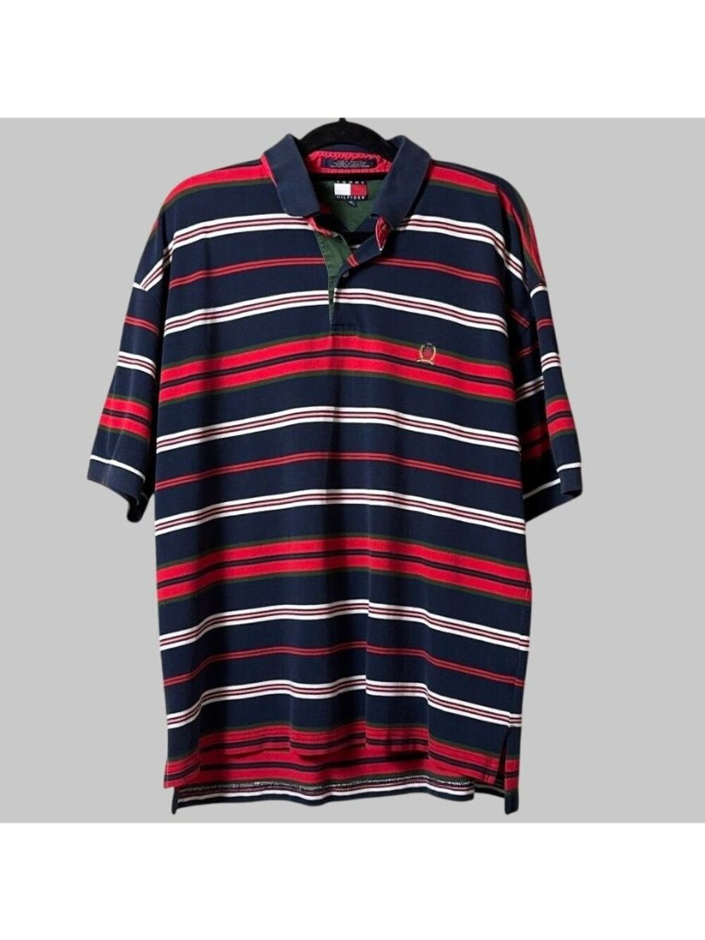 Vintage 90s Tommy Hilfiger Polo Shirt Mens XL Crest Striped Navy Red Preppy